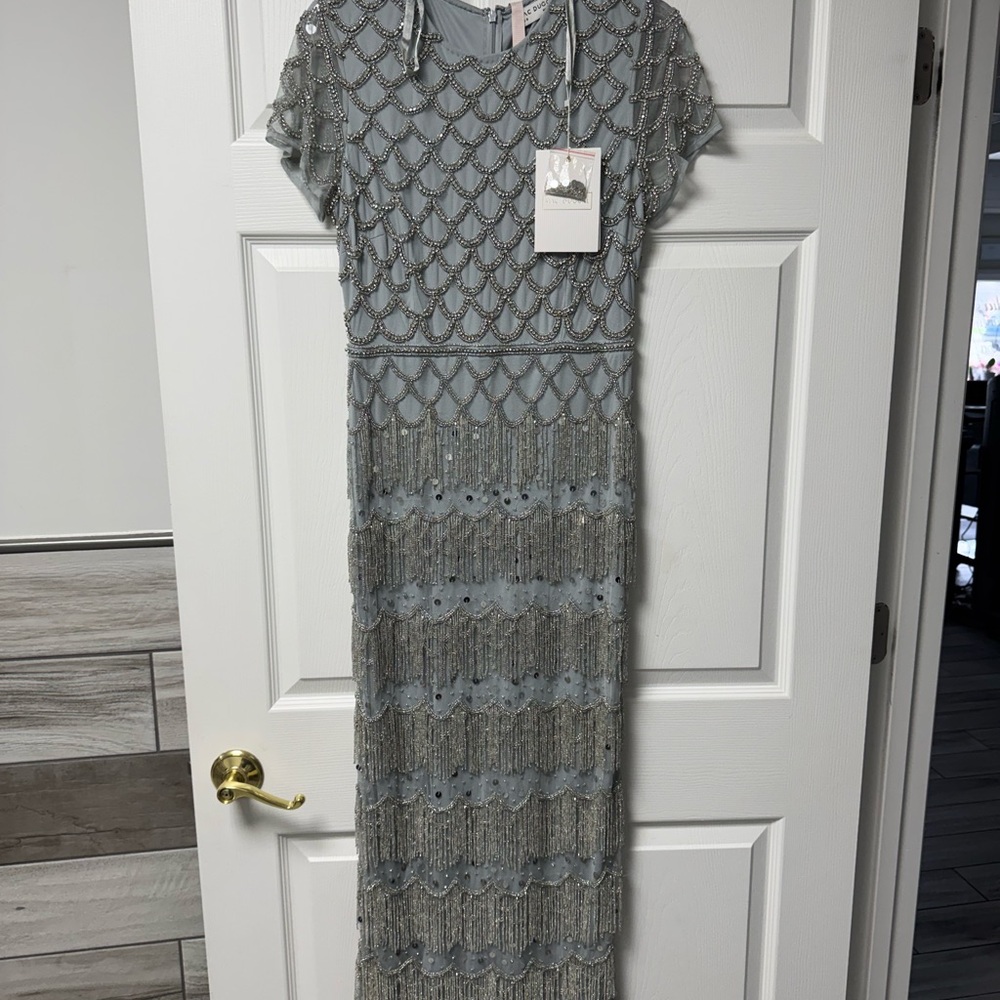 Mac Duggal Gray Sheath Maxi Dress for Weddings